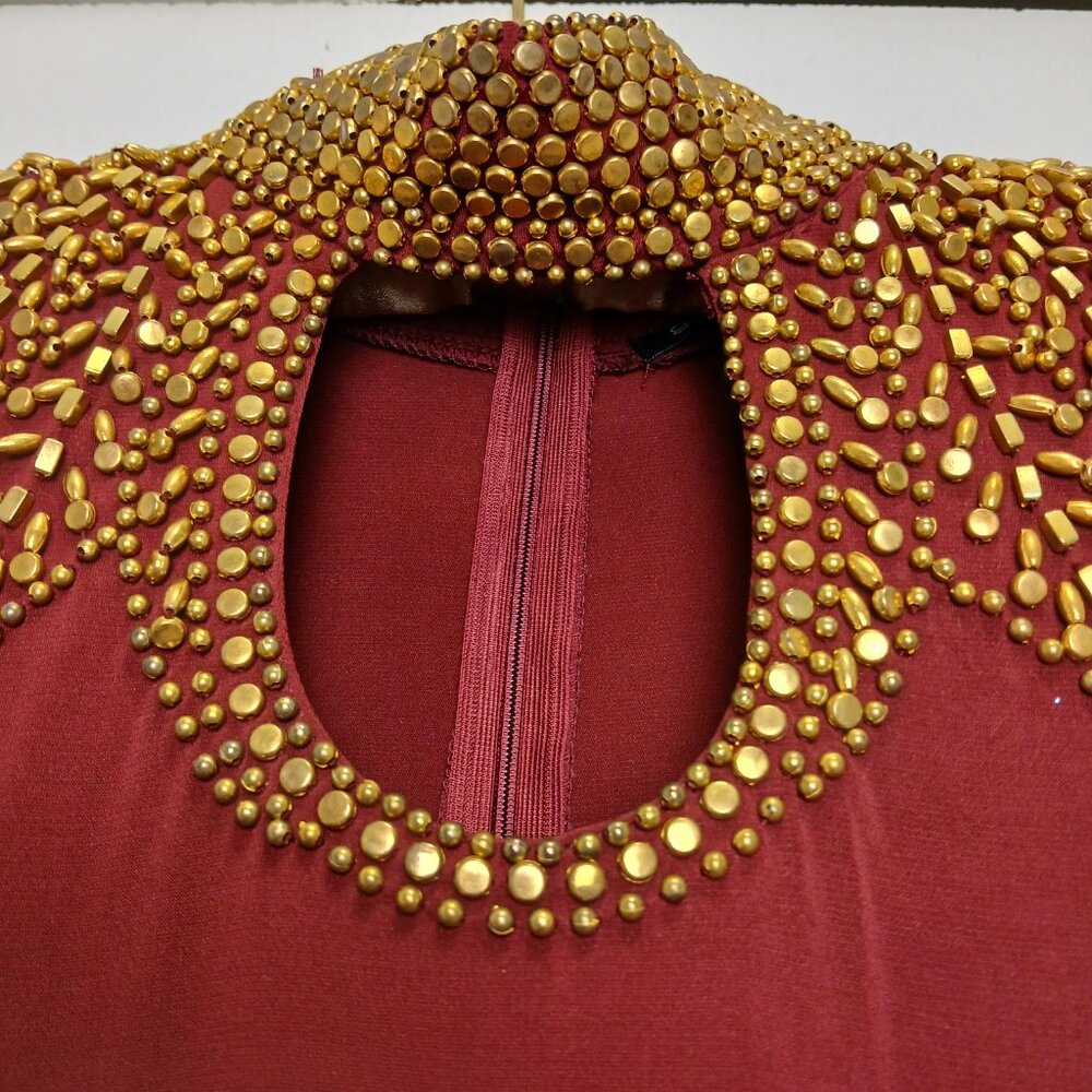 Elegant Burgundy Gold Studded High Neck Bodycon Midi Dress Sz M - Picture 4 of 14